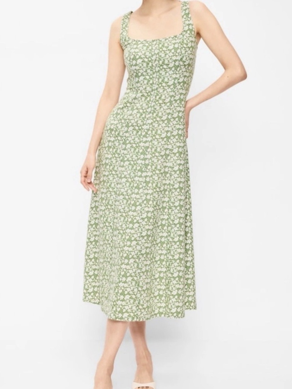 Old Navy Fit And Flare Sleeveless Linen Blend Midi Dress Green Floral Size XS